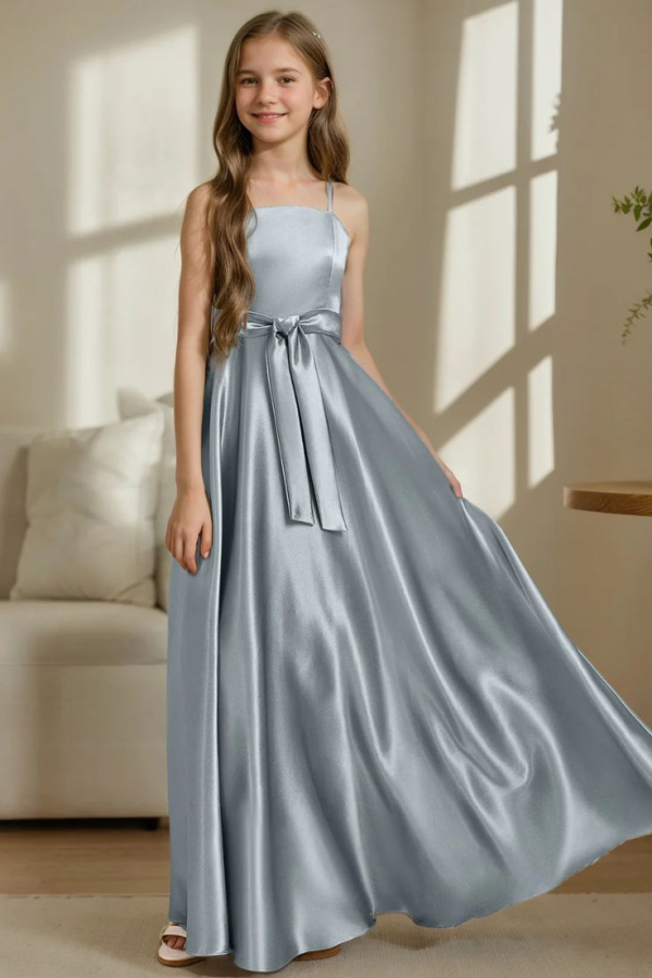 gray junior bridesmaid dresses Gorgeous Satin Silver Spaghetti Straps Sleeveless Dress with Bow sizeguide_Dresses The floral appliques are Entro Floral Print Tiered Chiffon fabric Hire Days:8 Days