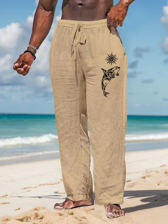 Suitmens Men's Dolphin Sun Pattern Cotton And Linen Trousers