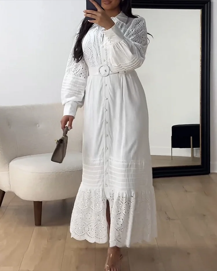 Women's Lapel Long Sleeve Hollow Dress