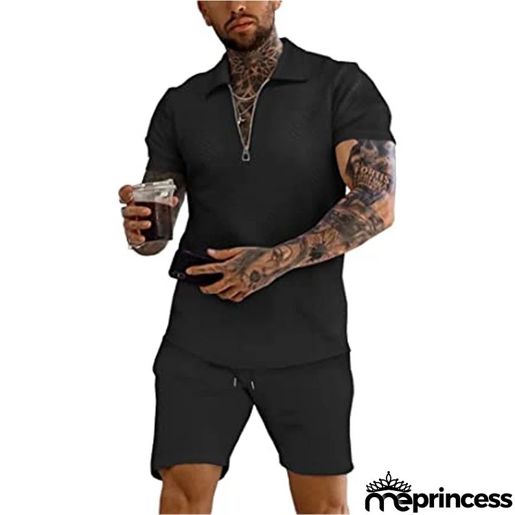 Men Fashion Solid Color Lapel Zipper Short-Sleeved Polo Shirt And Shorts Two-Piece Set