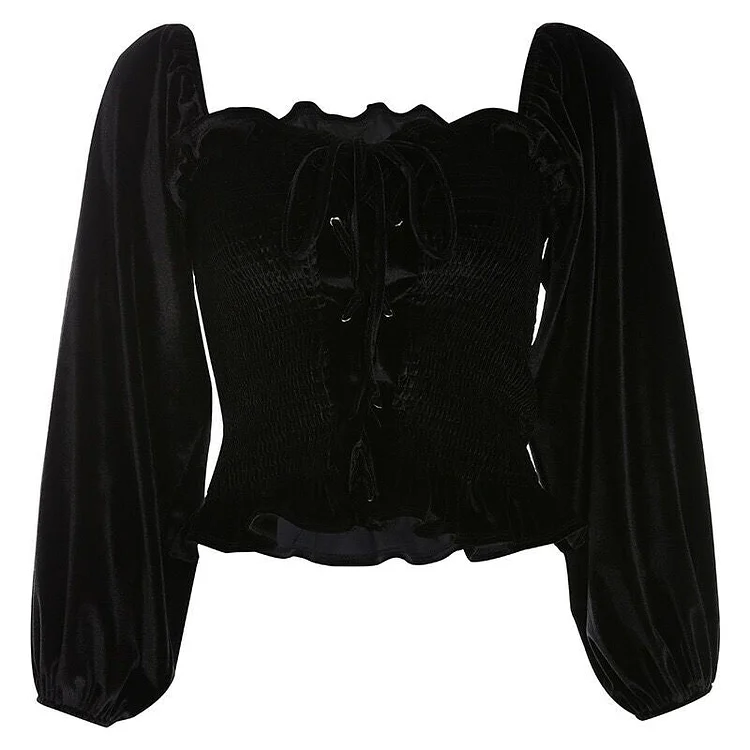 Square Neck Lace Up Velvet Top With Flared Sleeves