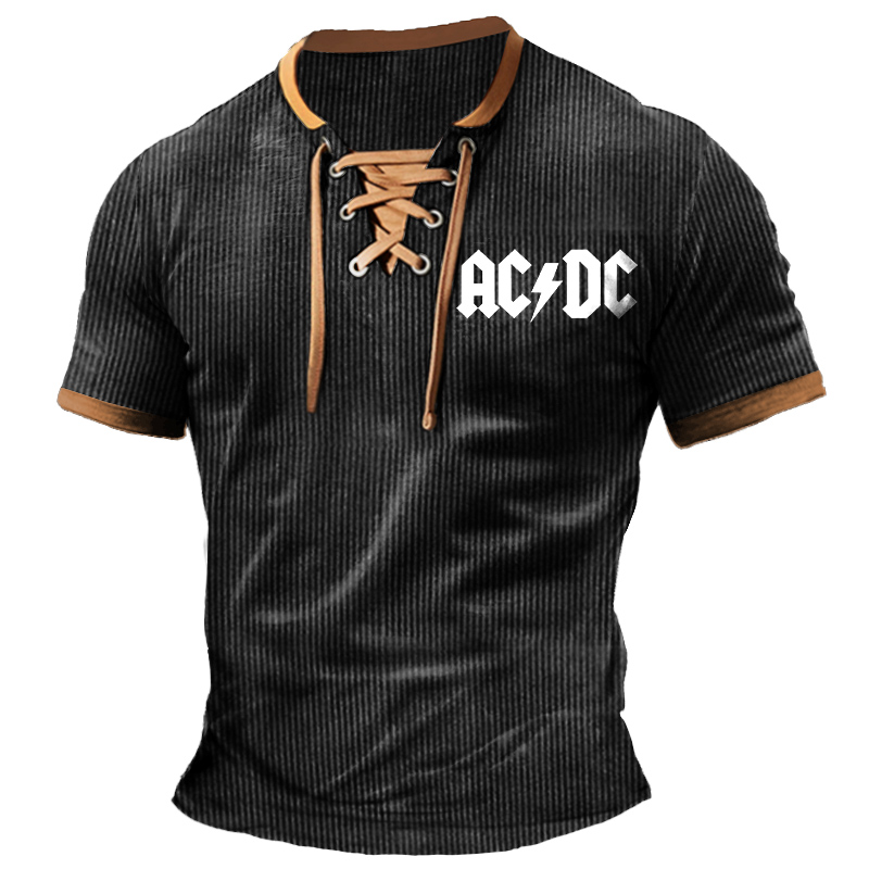 Men's T-Shirt ACDC Rock Band Ribbed Lightweight Corduroy Vintage Lace-Up Short Sleeve Color Block Summer Daily Tops / TECHWEAR CLUB / Techwear