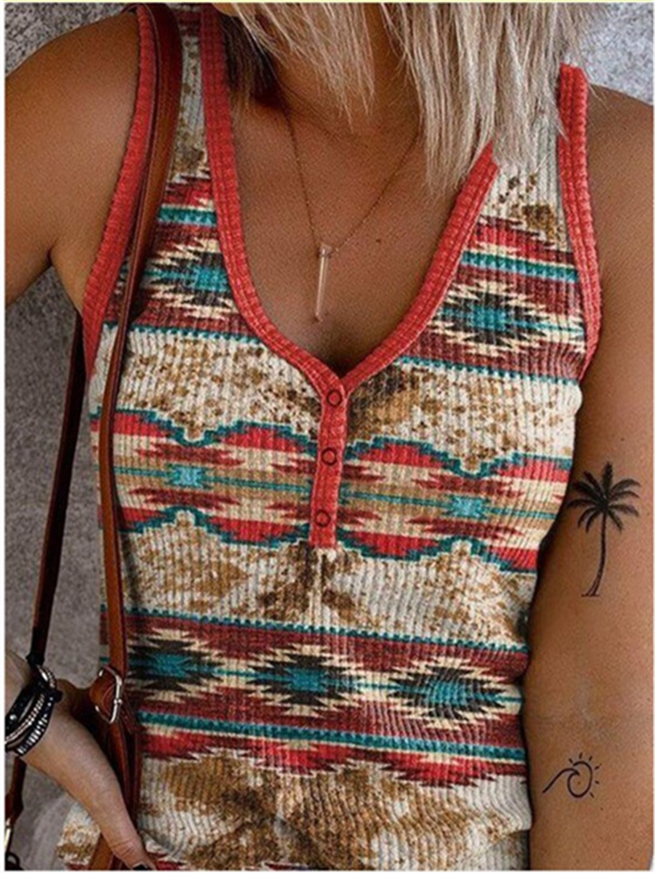 Summer New Ribbed Women's Button Undershirt Printed V-neck Slim-type Sleeveless Personalized Street Style T-shirt Tops