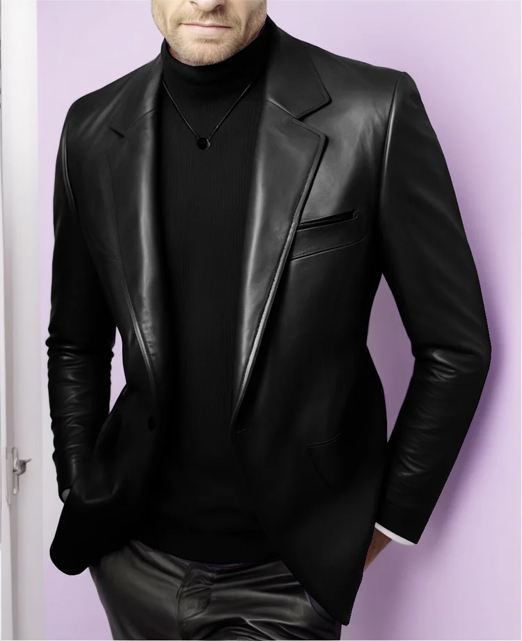 PU Leather Single Breasted Turndown Collar Blazer 