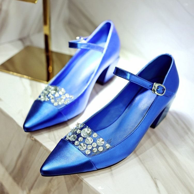 Royal Blue Wedding Heels Pointy Toe Chunky Heel Mary Jane Pumps for Bridesmaid |FSJ Shoes