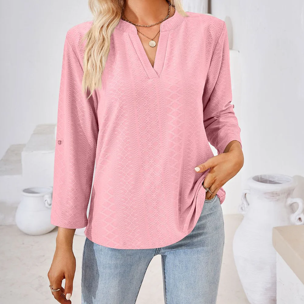 Smiledeer New Ladies V Neck Solid Color Button Long Sleeve Loose T-Shirt