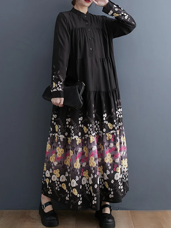 Vacation Roomy Long Sleeves Buttoned Floral Stamped Contrast Color Split-Joint Stand Collar Midi Dresses