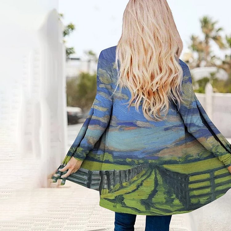 VChics Vintage Abstract Art Print Casual Long Sleeve Duster Kimono
