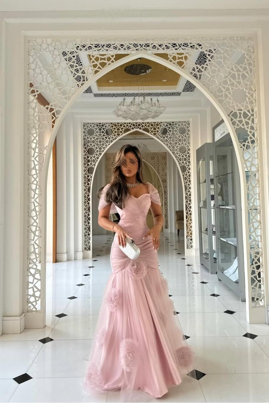 Lussooy Chic Blushing Pink Floral Off the Shoulder Tulle Mermaid Prom Dress