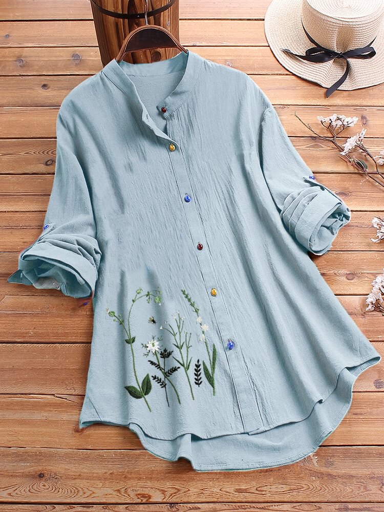 Embroidered Colorful Button Long Sleeve Shirt For Women P1668743