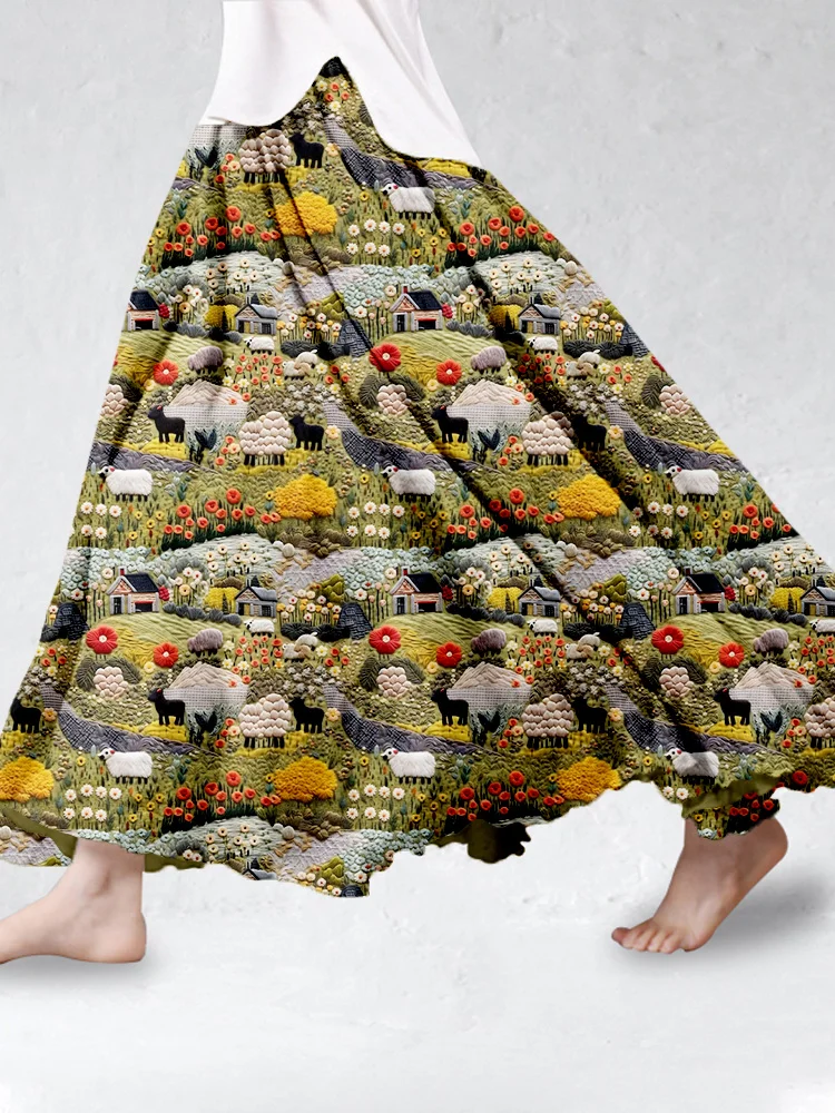 Comstylish Vintage Farmyard Art Graphic Linen Blend Flowy Wide Skirt