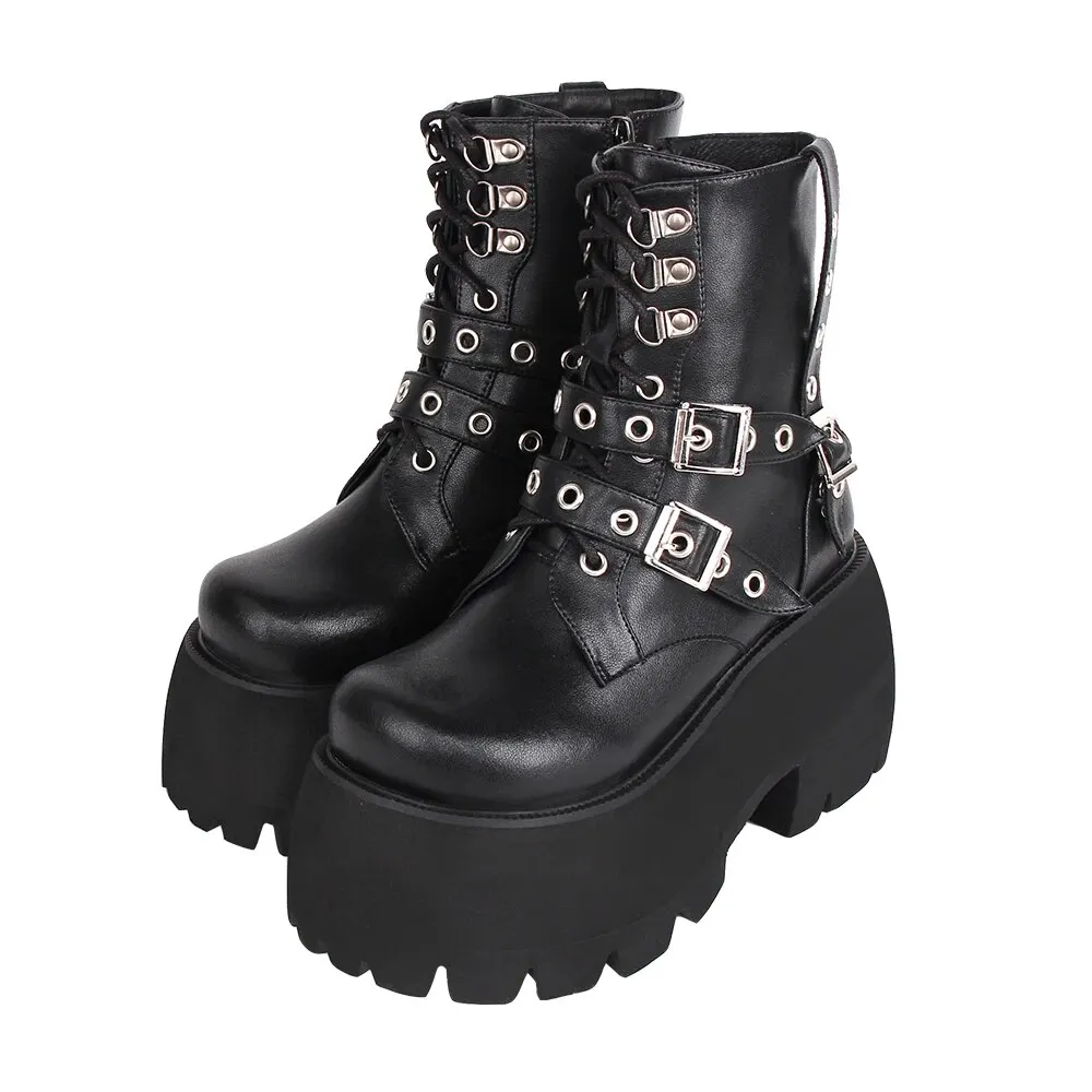 VCshoes Women Motorcycle Cool Punk Ankle Boots Lady Shoes Woman Gothic High Heels Pumps 34-41 8cm Rivets 3804