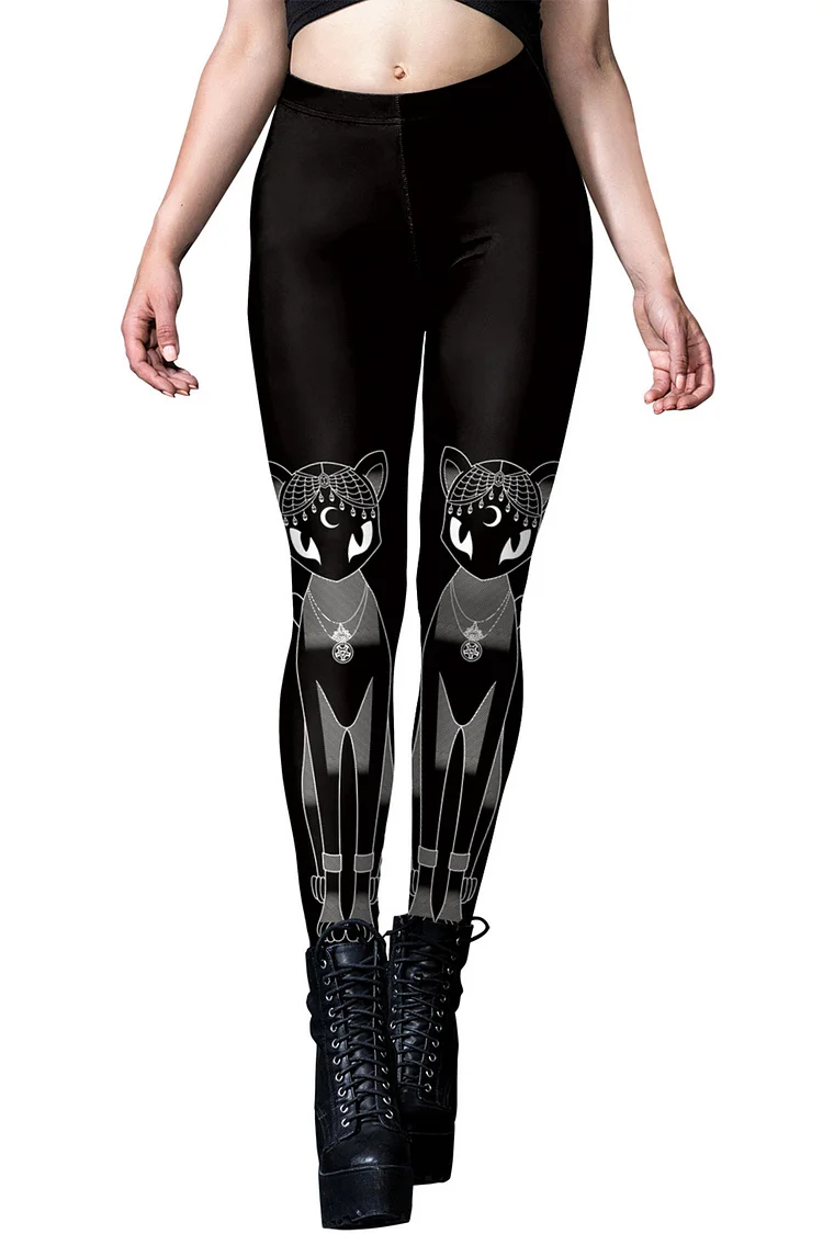 Gothic Black Yoga Cat Print Tight Fitness Leggings