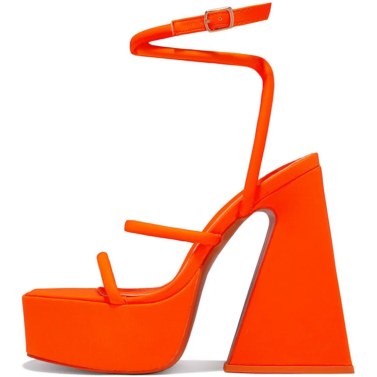 Orange Ankle Strap Sandals Square Toe Platform High Heel Shoes |FSJ Shoes