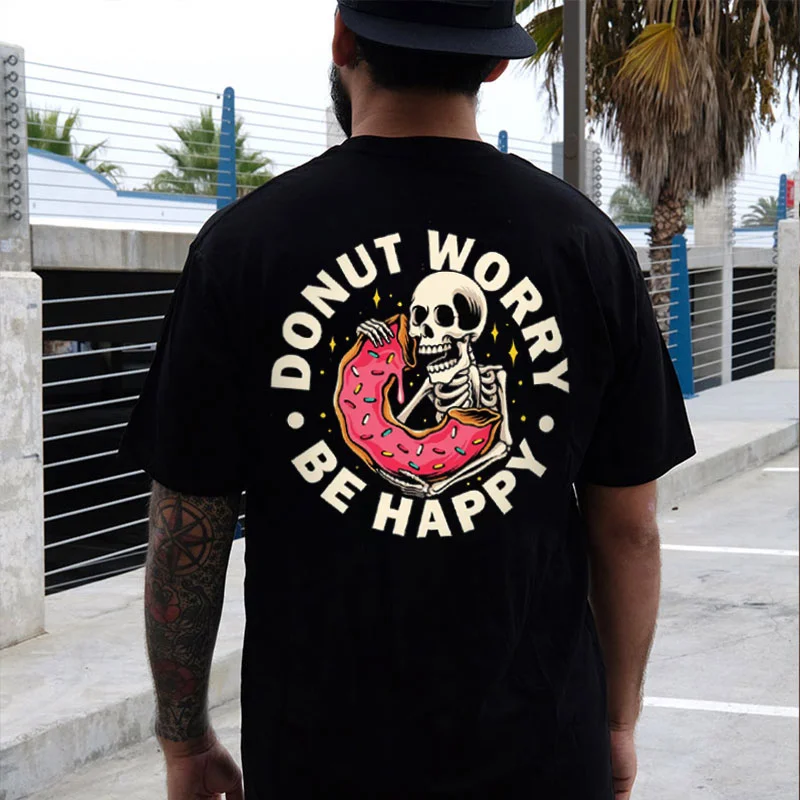 DONUT WORRY BE HAPPY Skeleton Black Print T-Shirt