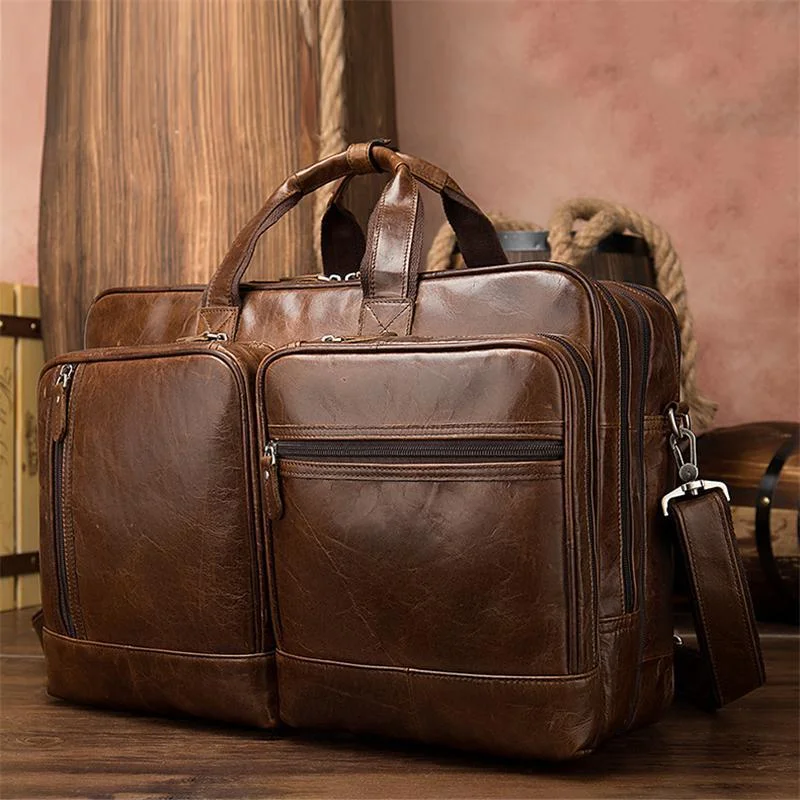 Trendy Chunky Large Capacity Simple Style Travelling Business Leather Handbag