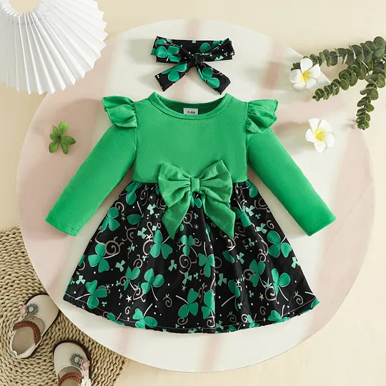 【3M-24M】Girls' St. Patrick's Day Shamrock Print Long-Sleeve Dress With Bow Accents