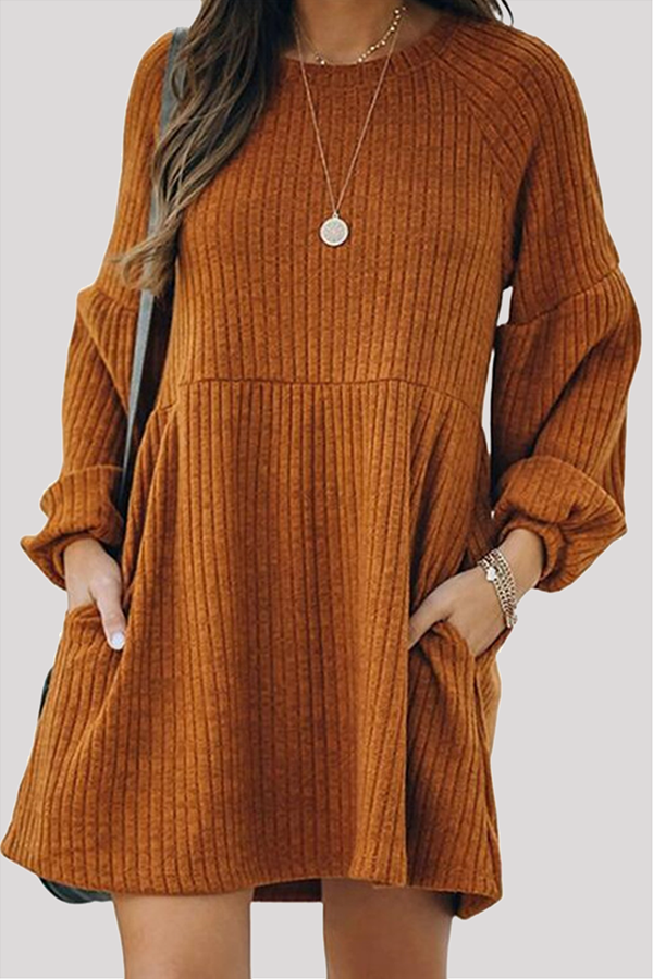 Casual Street Solid Split Joint Pocket O Neck Princess Dresses - Life is Beautiful for You - SheChoic