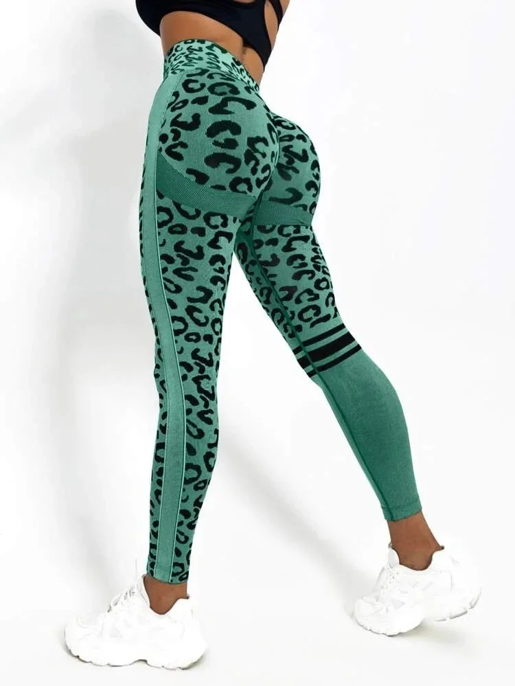 Tlbang Women Leopard Seamless Yoga Pants High Waist Lifting Hip Honey Peach Hip Fitness Pants Yoga Suit Tight Running Sports Pants