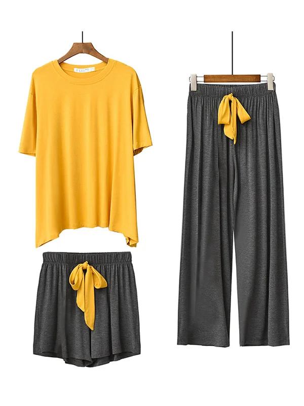 Three Pieces Comfortable Short Sleeve T-Shirt&Wide-Leg Shorts&Pants Pajama Suit