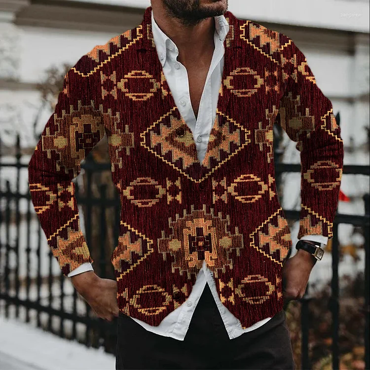 Men's Casual Red Vintage Print Knitted Button Cardigan