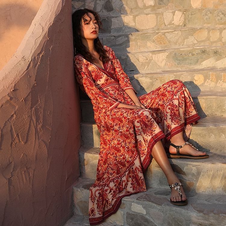 3/4-Sleeve Printed Maxi A-Line Dress YP4451