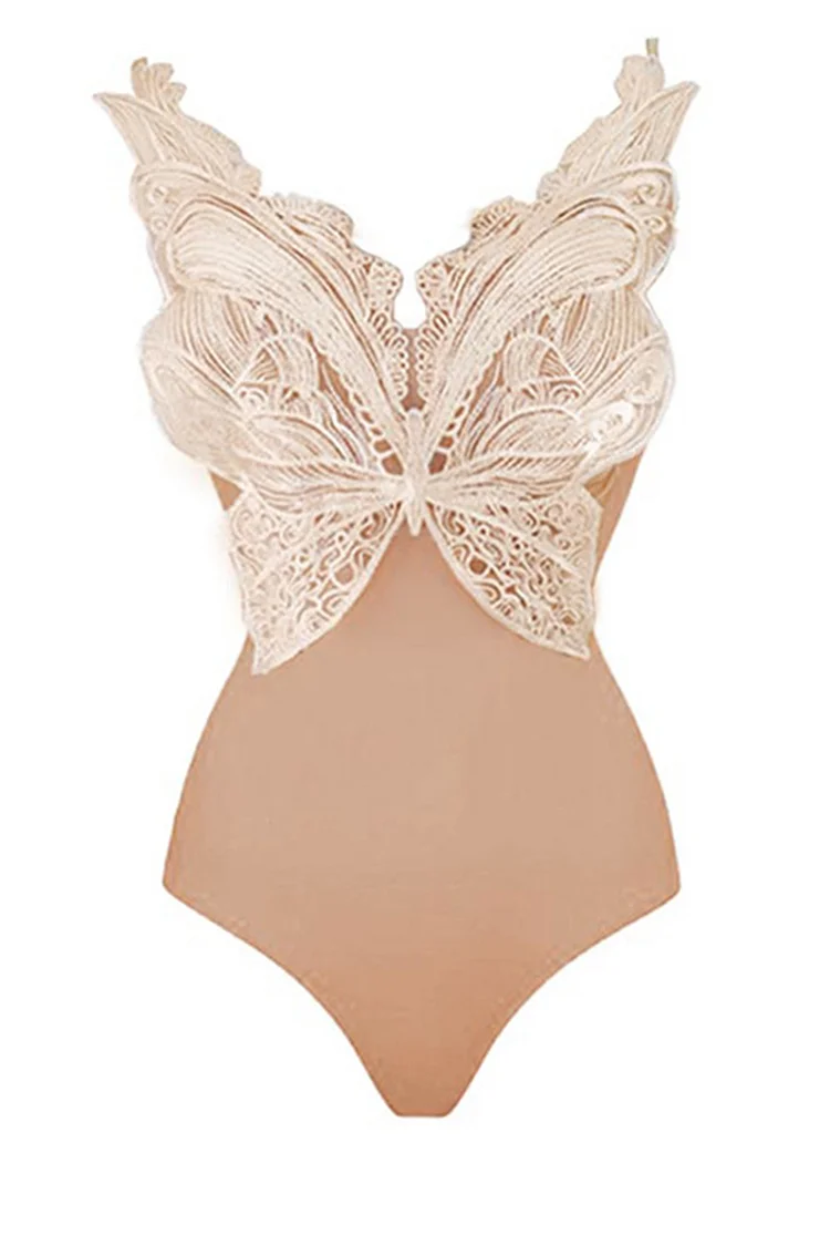 1950s Nude Vacation Butterfly Embroidered Cami One Piece Swimsuit