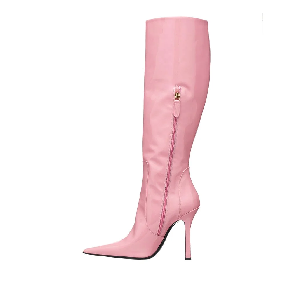 Pink Pointed Toe Wide Calf Side-Zip Knee High Boots with Stiletto Heel Nicepairs