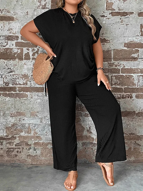 Solid Color Loose Plus Size Drawstring Round-Neck T-Shirts Tops&Pants Bottom Two Pieces Set