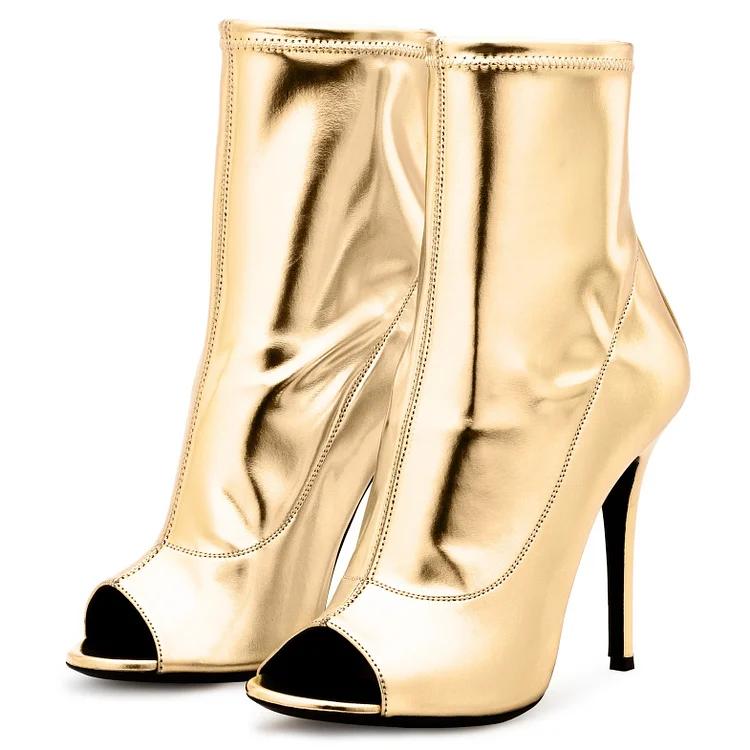 Gold Metallic Peep Toe Booties Stiletto Heels Ankle Boots |FSJ Shoes