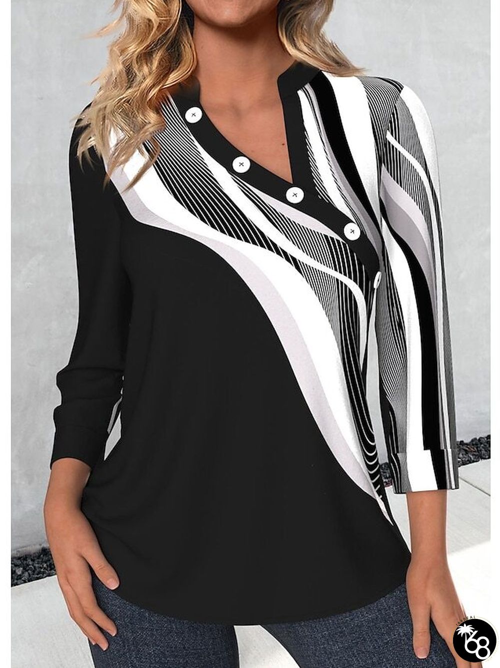 Women's T shirt Tee Striped Black Print Button Long Sleeve Daily Weekend Fashion V Neck Regular Fit Spring & Fall | 168DEAL