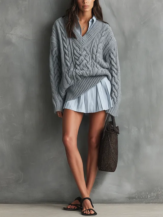 Women's Casual Grey Long-sleeved Knit Sweater Paired With A Light Blue Woven Shirt Dress MD