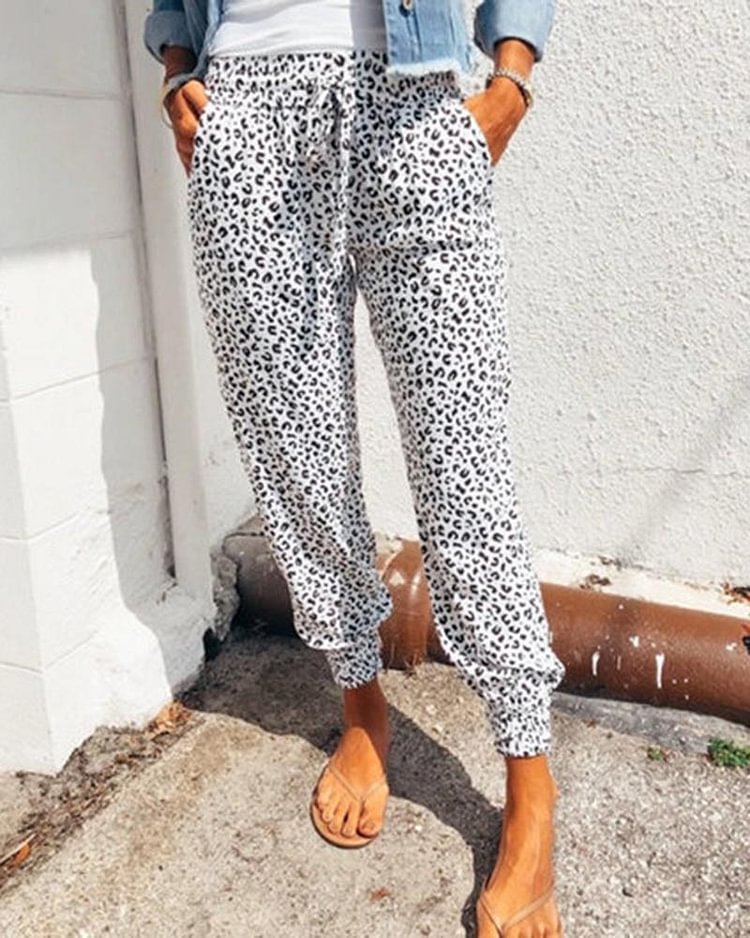 Leopard Drawstring Front Pocket Detail Sports Pants For Women - Shop Trendy Women's Clothing | LoverChic