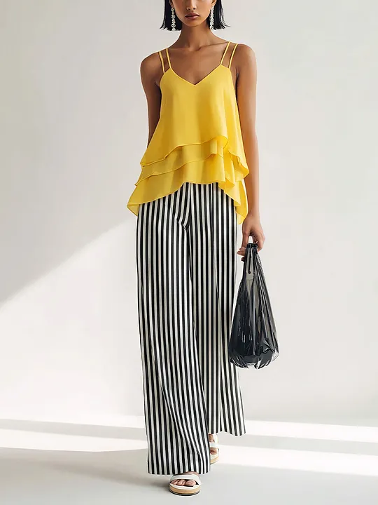 Women’s Yellow Satin Layered Ruffle Cami Top & Black-and-White Cotton Blend Striped Wide-Leg Pants Two-Piece Set
