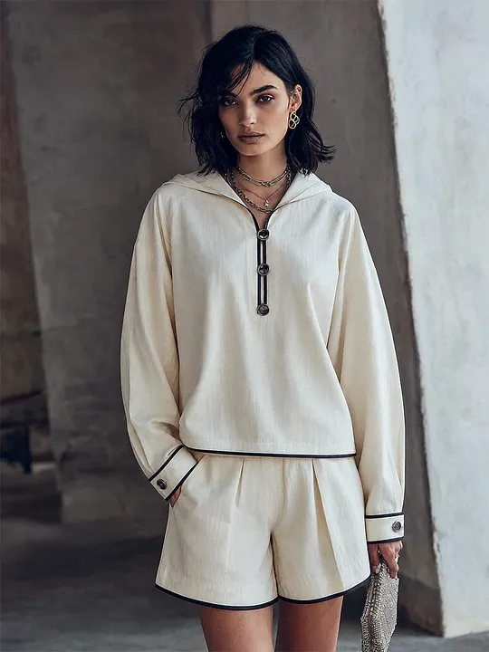 Women's Casual Cream Hooded Shorts Set MD