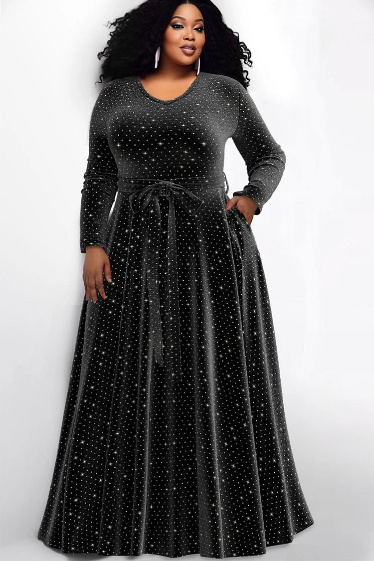 Plus Size Semi Formal Dress Black V-Neck Shiny Velvet Long Sleeve Maxi Dress With Pocket [Pre-Order]
