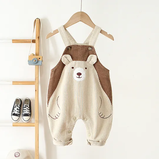 【6M-4Y】Unisex Cute Bear Patchwork Corduroy Cartoon Pattern Bib Overall Pants, Autumn/Winter