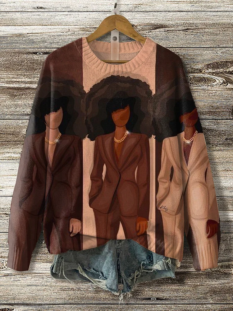 Women's Black Suit Business Woman Print Knit Sweatshirt