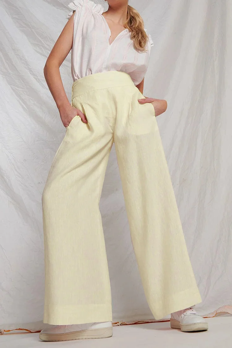 Wide Leg Elastic High Waist Pocket Linen Pink Pants