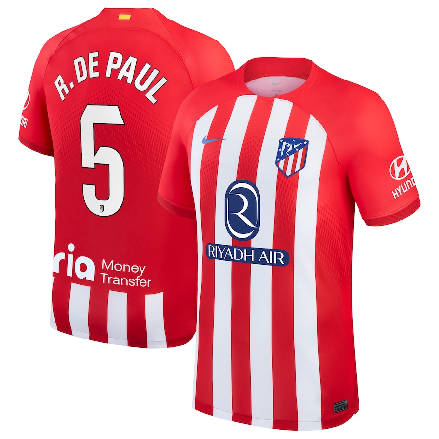 Atletico Madrid Rodrigo De Paul 5 Home Trikot 2023 2024 Mit Riyadh Sponsors