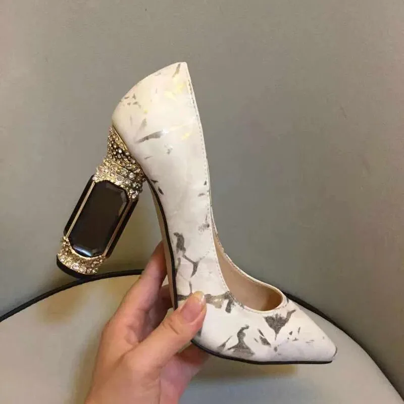 VCSHOES White Pointed Toe Shallow High Heels Glass Rhinestone Thick Heel Single Shoes Simple All-match Women's Shoes