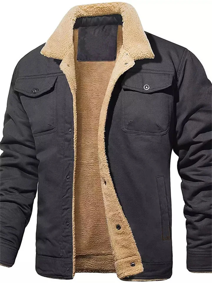 Men's Winter Jacket Work Jacket Winter Coat Fleece Jacket Warm Daily Wear Vacation Going out Single Breasted Turndown Comfort Leisure Jacket Outerwear Solid / Plain Color Pocket Button-Down Dark-Gray-JRSEE