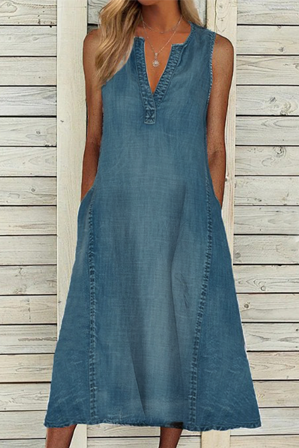Casual Solid Make Old Split Joint V Neck A Line Dresses - Life is Beautiful for You - SheChoic