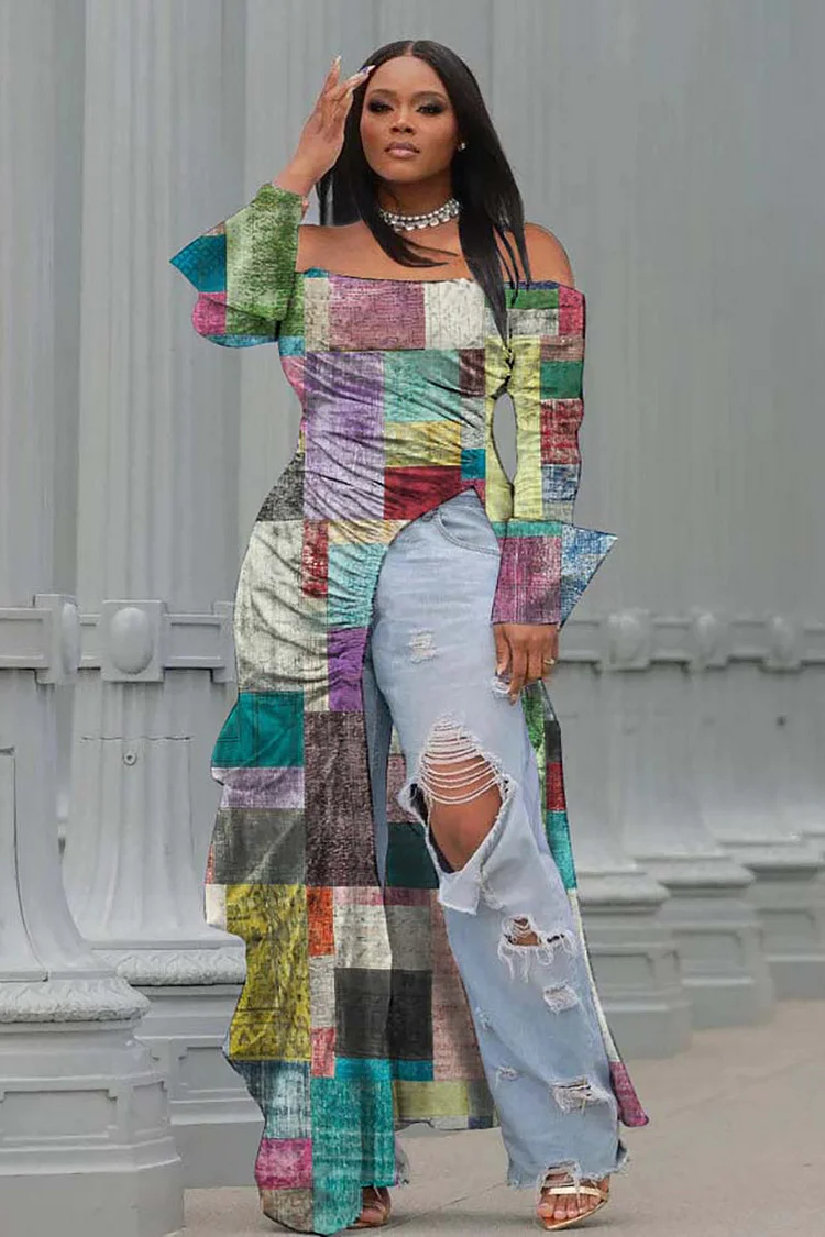 Off Shoulder Patchwork Ruched High Slit Irregular Maxi Shirt Dresses