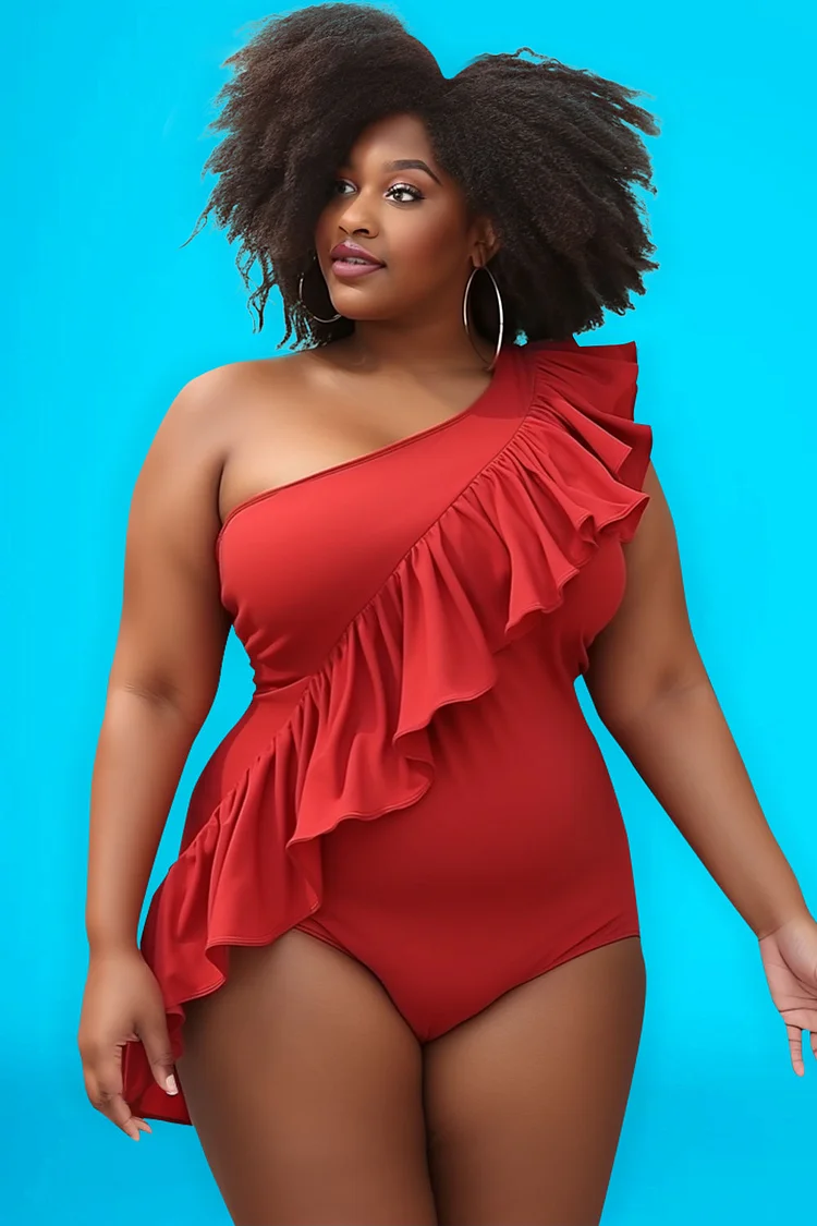 Xpluswear Design Plus Size Beach Vacation Red Oblique Collar Flounce Knitted One Pieces Swimwear 