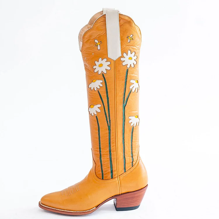 Orange Lovely Chunky Heel Mid-Calf Western Flower Cowboy Boots Vdcoo