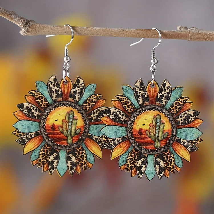 Colorful Sunflower Shape Pendant Drop Earrings Leopard Pattern Wooden Hook Earrings For Women