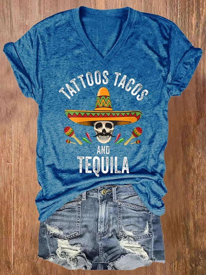 V-neck Retro Cinco De Mayo Tattoos Tacos And Tequila Print T-Shirt
