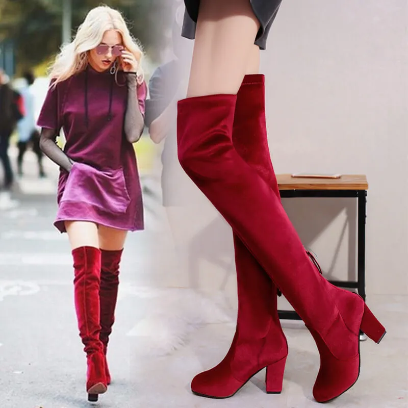 VCSHOES Over Knee Block High Heel Suede Boot