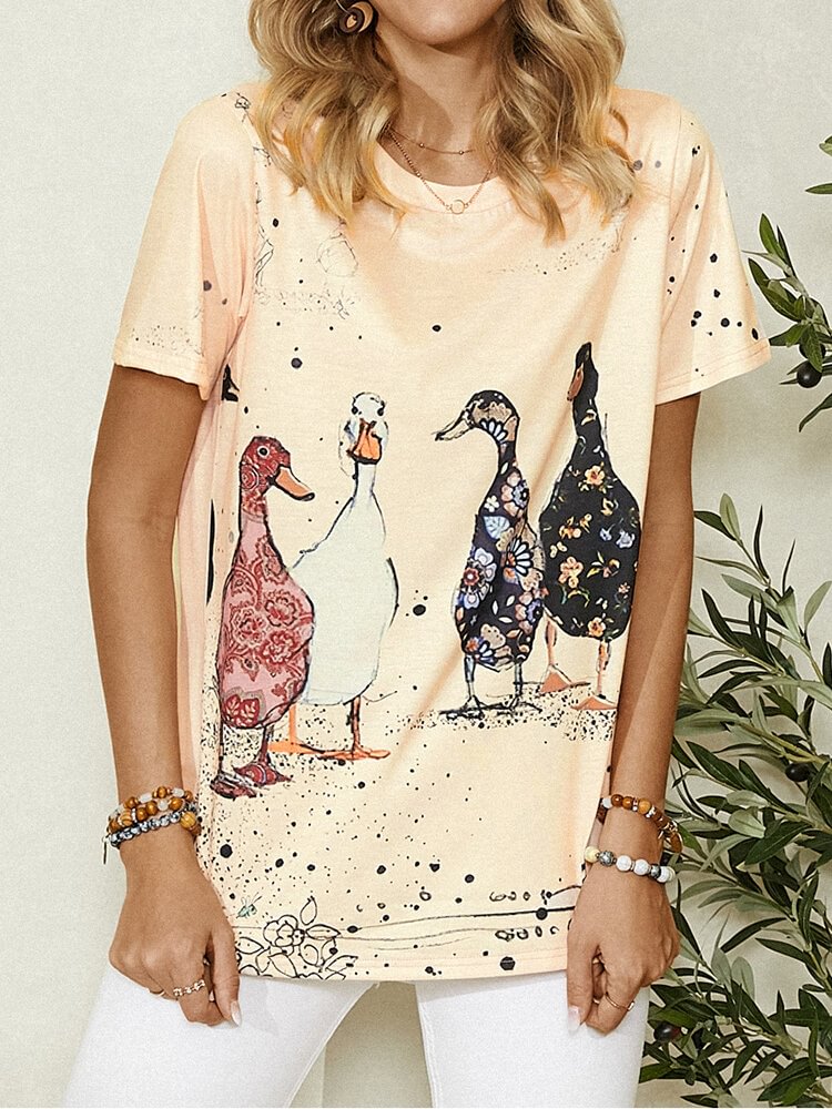 Cartoon Duck Print O neck Short Sleeve Casual T Shirt For Women P1815479
